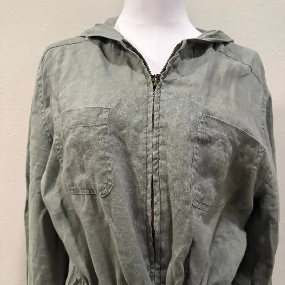 St Tropez West Olive Green 100% Linen Utility Jacket Large Coastal Safari Chic